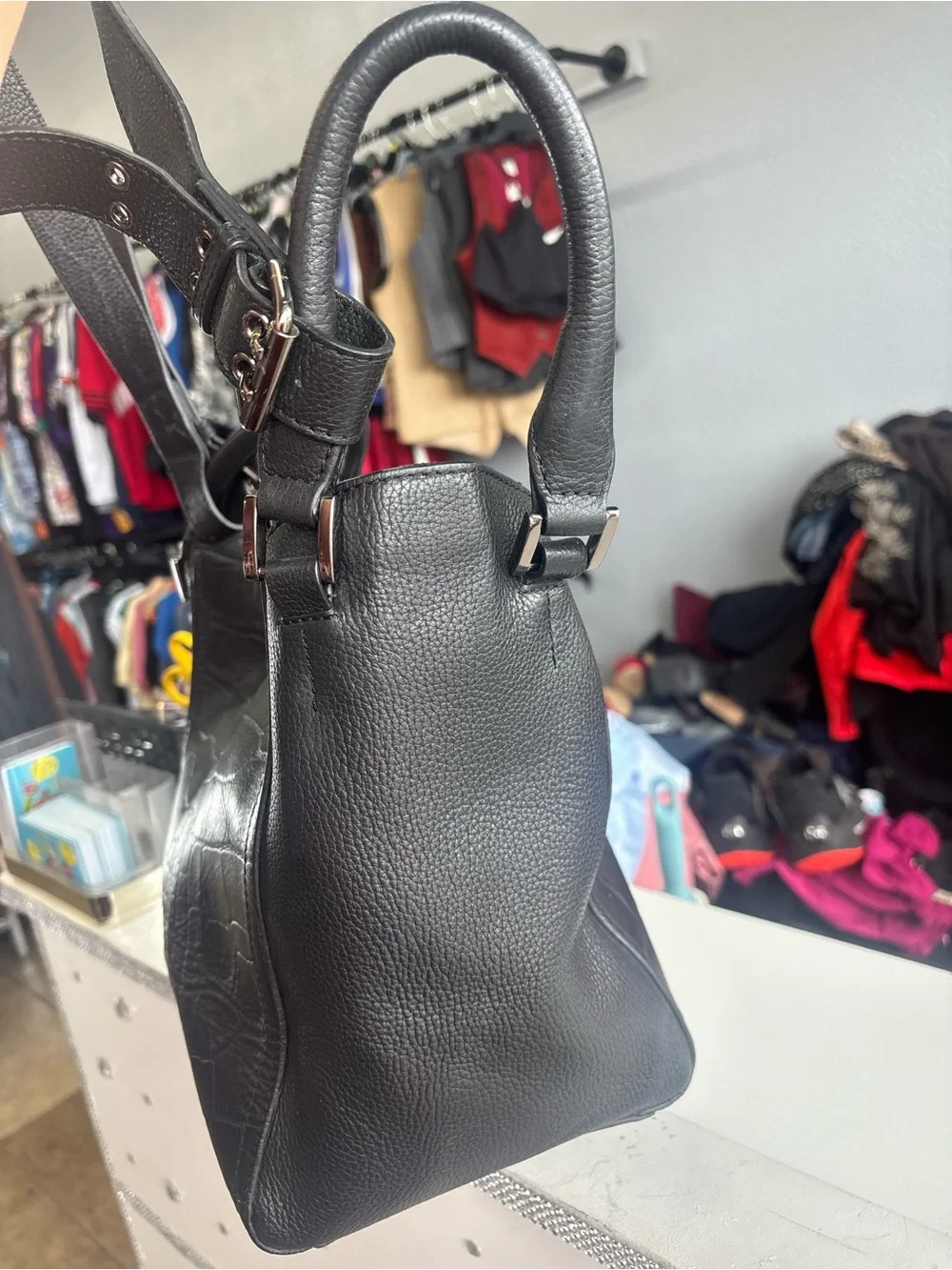 Tahari Black Croc-Embossed Shoulder Bag